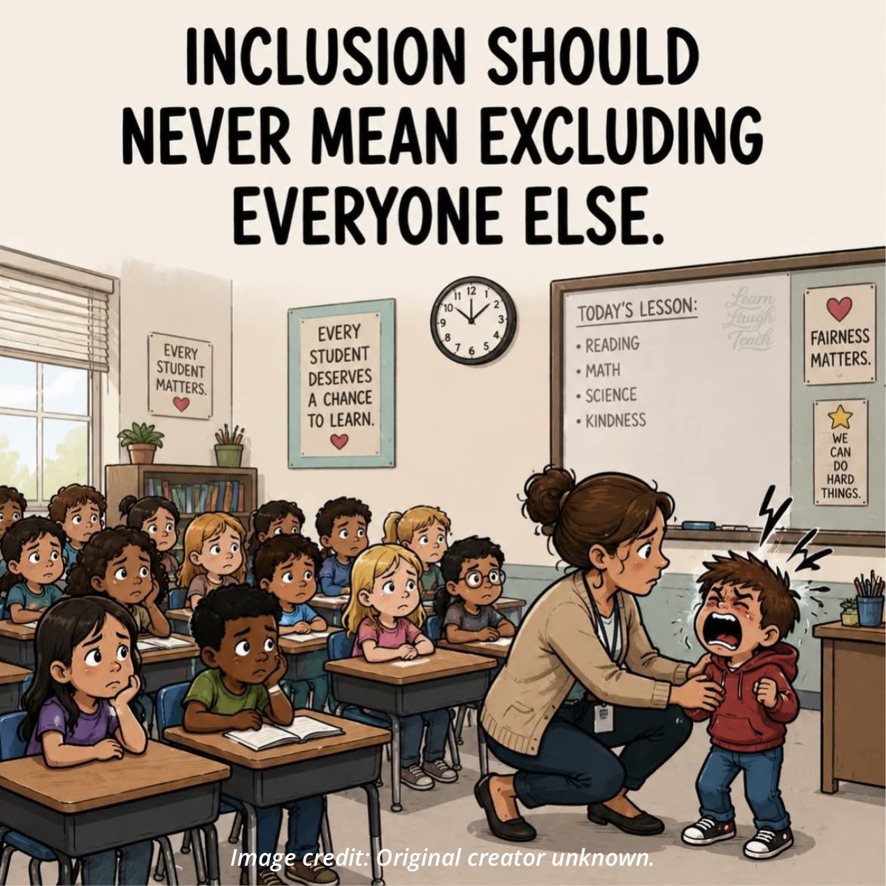 An AI generated image of unknown origin, depicting a classroom where a teacher's attention is on a small child having a meltdown. The rest of the class looks on in overwhelmed silence without the attention of the teacher.